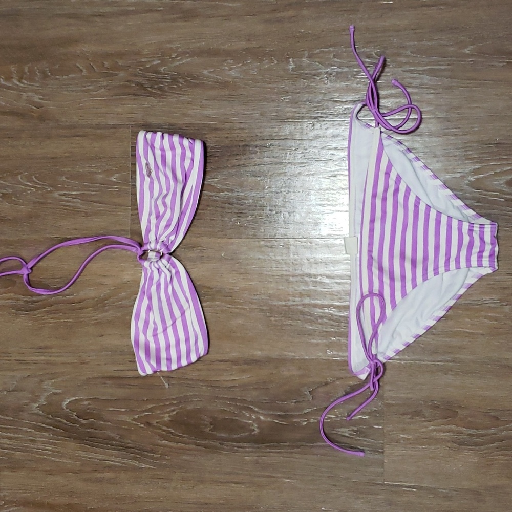 (L) ROXY Striped Nautical Strappy Two Piece Bikini Swimsuit Beach Pool Swimwear